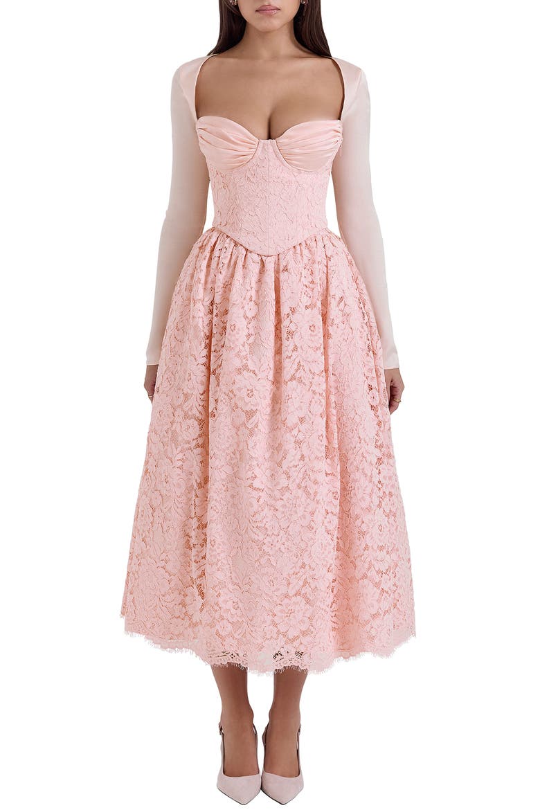 Duchess Corset Lace Fit & Flare Midi Dress with Bolero, Main, color, PINK SALT