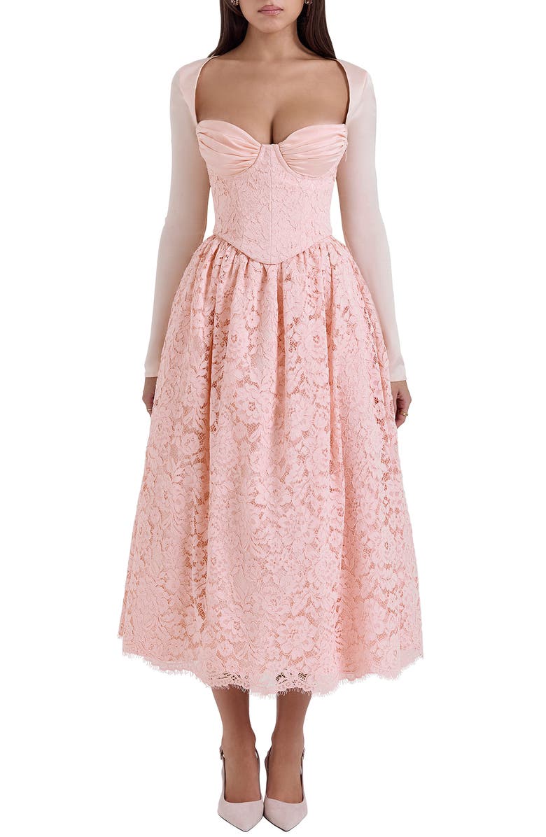 HOUSE OF CB Duchess Corset Lace Fit & Flare Midi Dress with Bolero, Main, color, Pink Salt