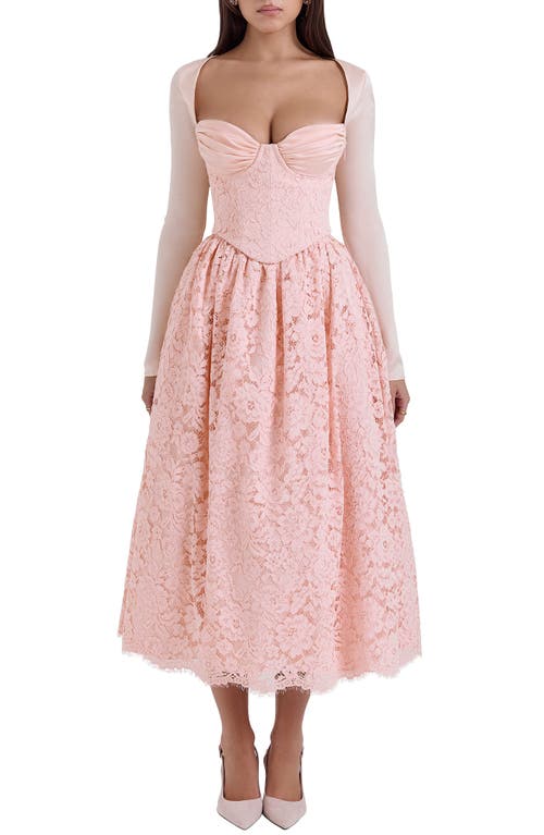 Shop House Of Cb Duchess Corset Lace Fit & Flare Midi Dress With Bolero In Pink Salt