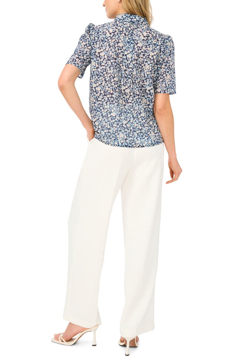 Floral Puff Sleeve Button-Up Top, Alternate, color, LOVELY NAVY