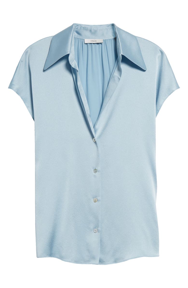 Vince Cap Sleeve Gathered Back Short Sleeve Silk Button-Up Shirt, Alternate, color, Sky Graphite