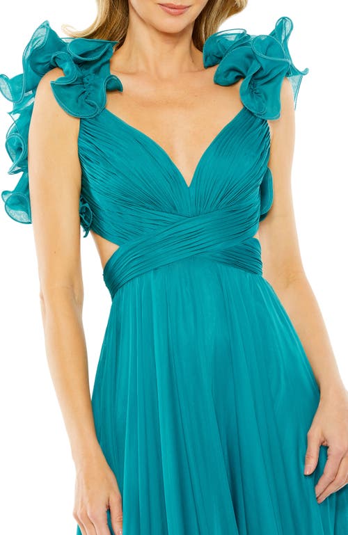 Mac Duggal Women's Ieena Ruffle Tiered Cut-out Chiffon Gown In Turquoise