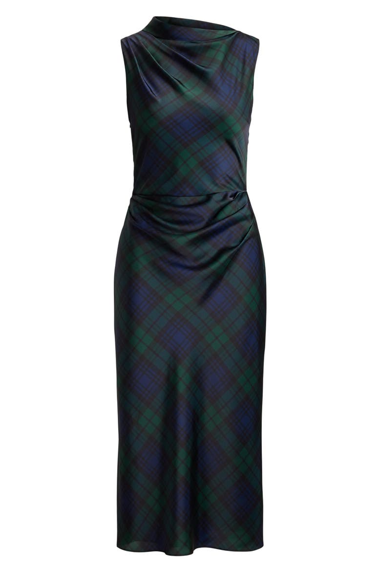Plaid Satin Charmeuse Sheath Dress, Alternate, color, NAVY BLUE