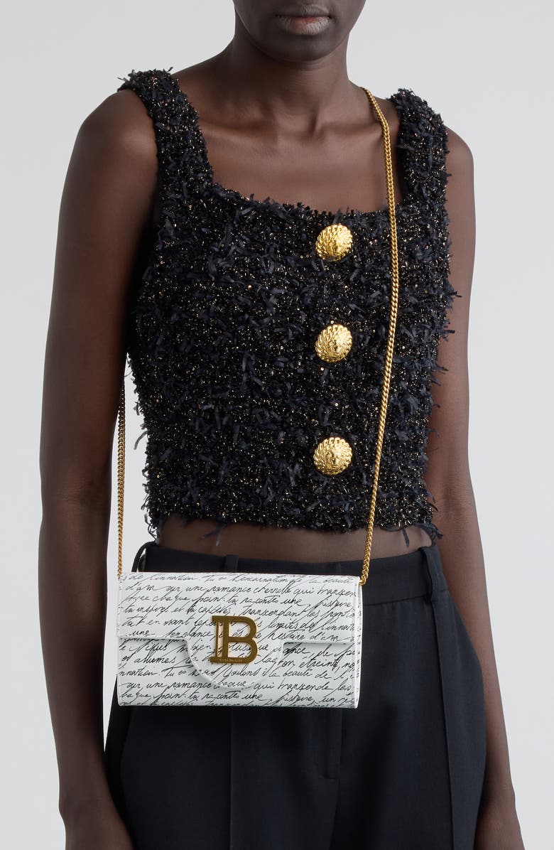 Balmain B-Buzz Printed Leather Wallet on a Chain, Alternate, color,