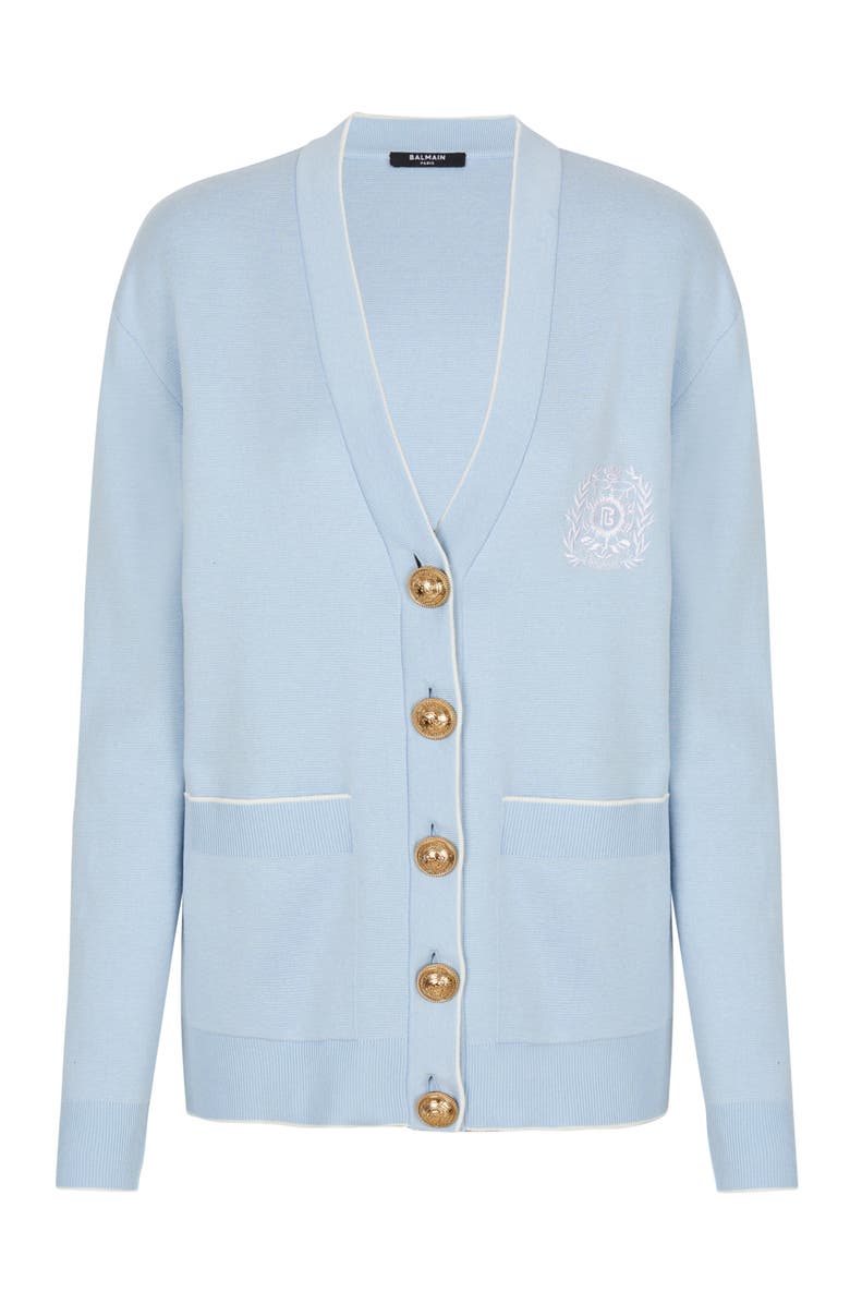 Balmain Emblème-Embroidered Knit Cardigan, Alternate, color, Blue