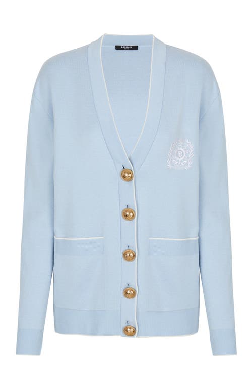 Balmain Emblem-embroidered Fine-knit Cardigan In Blue