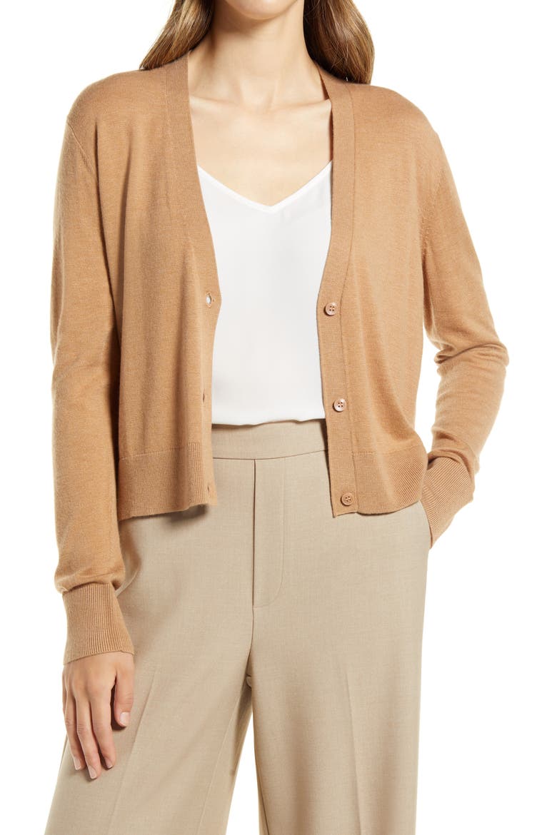 Women's Crop V-Neck Cardigan, Main, color, TAN CAMEL DARK HEATHER