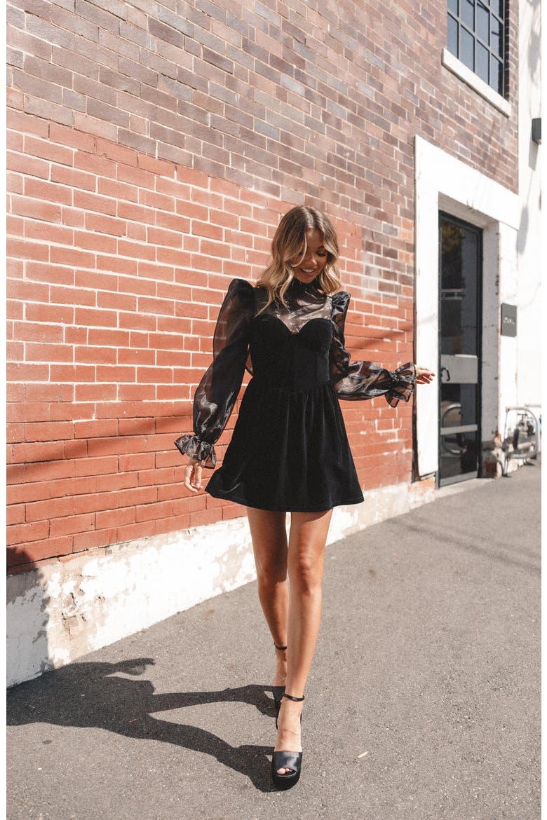 Blaire Organza & Velvet Long Sleeve Minidress, Alternate, color, BLACK