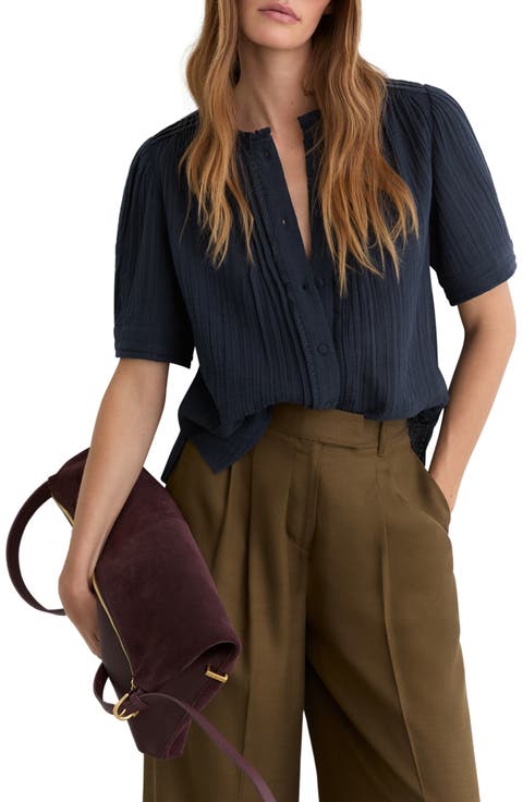 Aurelia Pintuck Pleat Cotton Gauze Button-Up Shirt