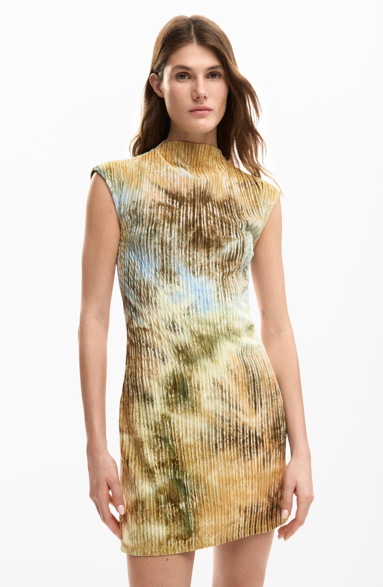 Desigual Abstract Print Funnel Neck Dress, Alternate, color, Off White