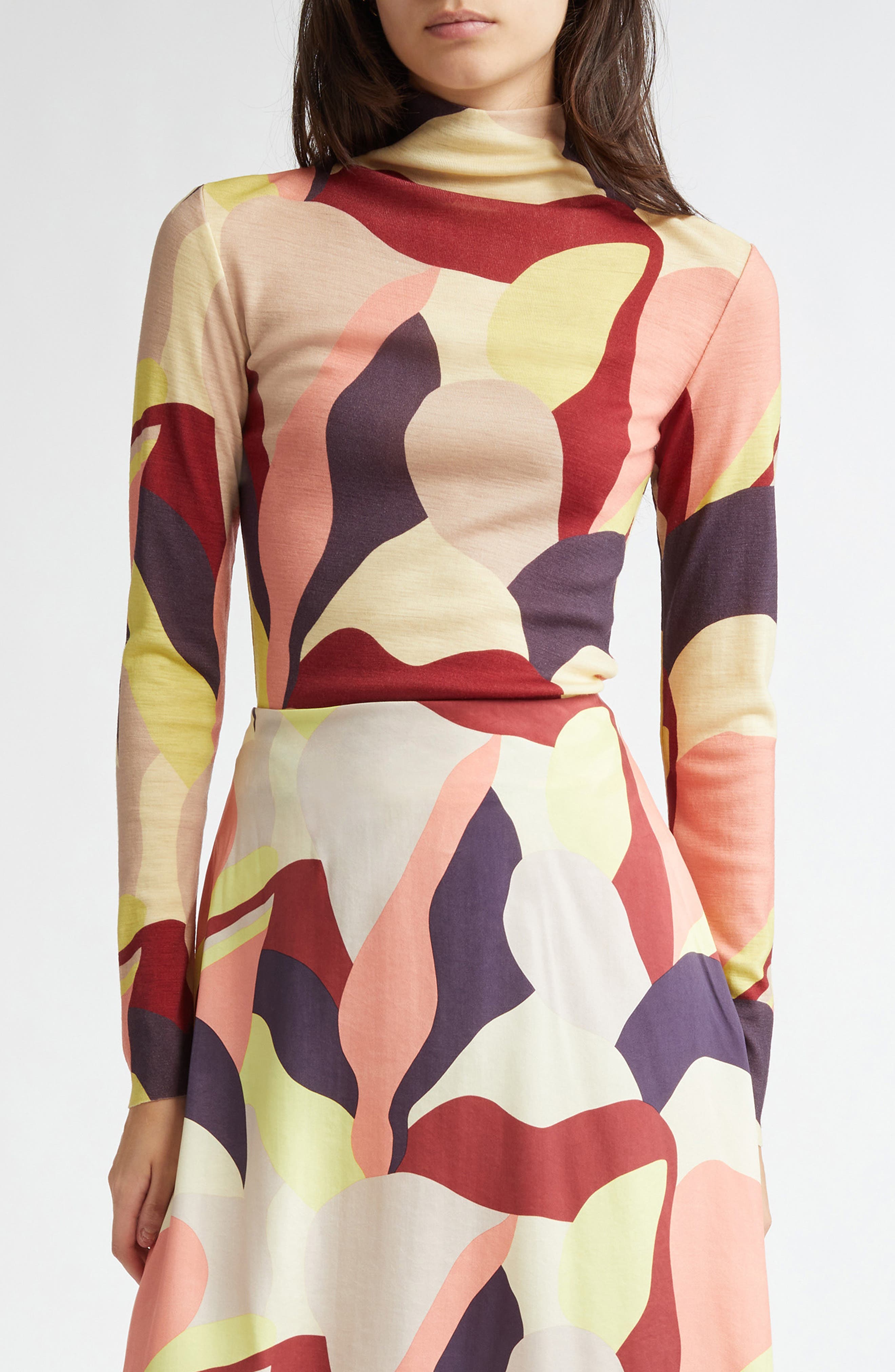Marimekko Veduta Merino Wool Funnel Neck Top in Winered Yellow Peach 