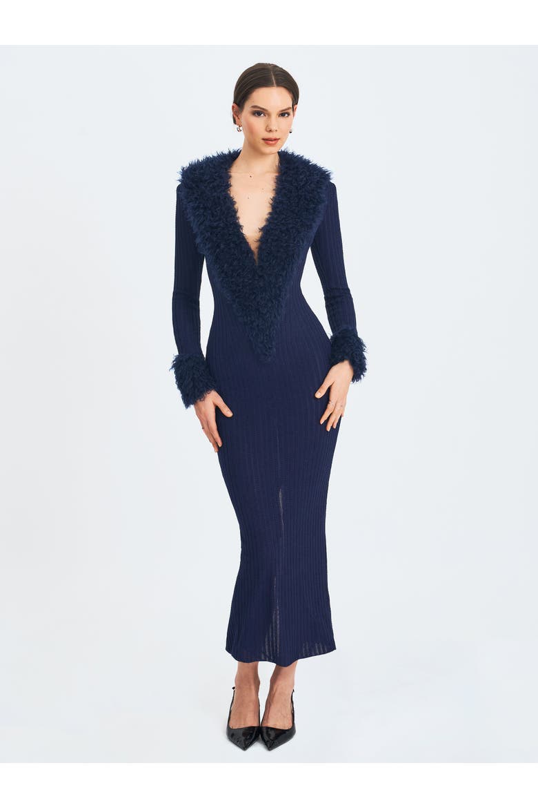 Romina Plunging Fur Trimmed Crochet Maxi Dress, Alternate, color, Navy