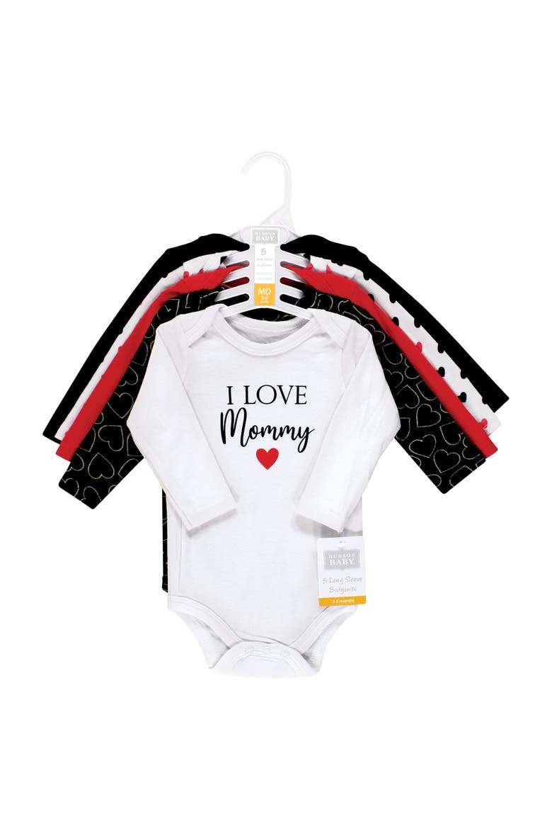 Essential Long-sleeve Cotton Bodysuit Set (5-piece), Alternate, color, Girl Mommy Red Black 5-Pack