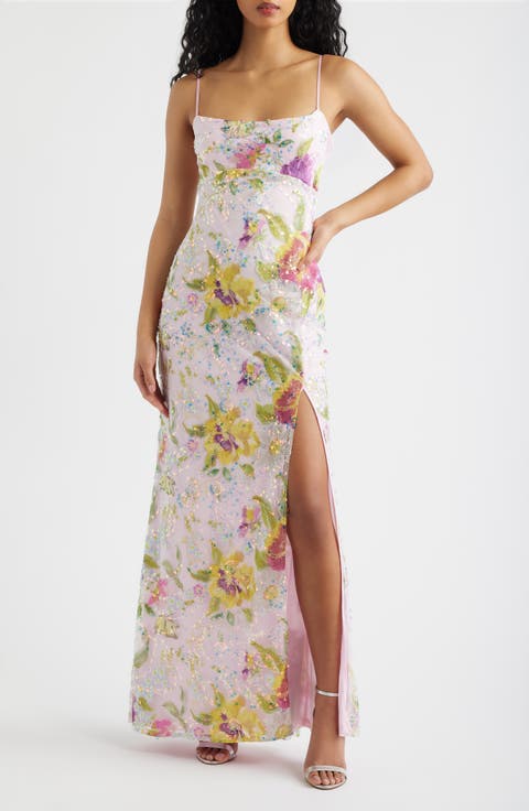 Embroidered Sequin Mesh Gown