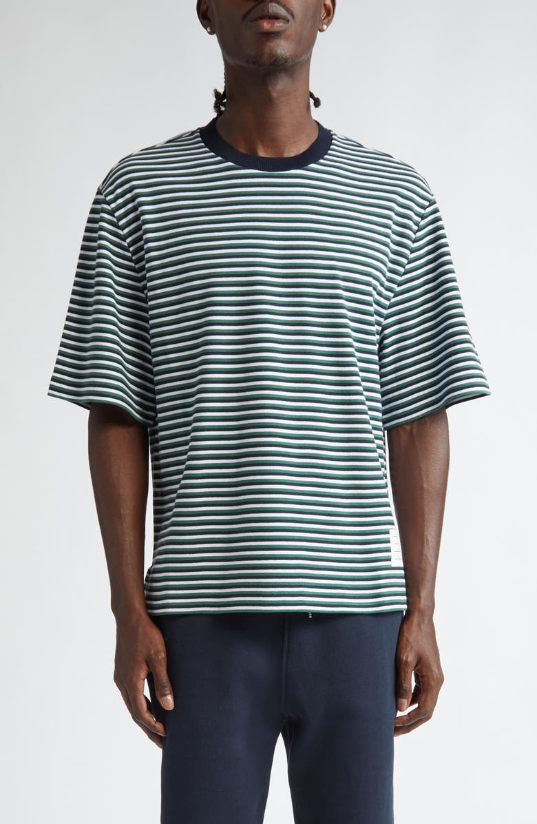 Thom Browne Oversize Stripe High-Low Hem Cotton T-Shirt, Main, color, 