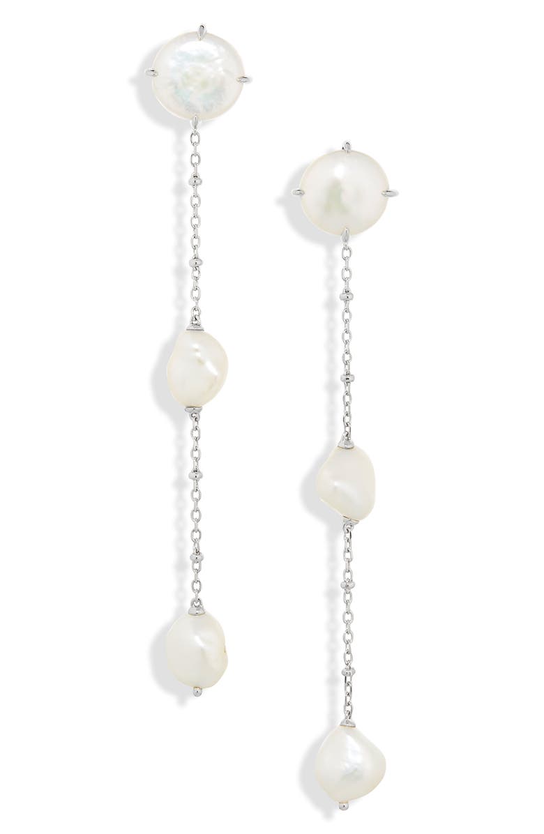 Nadri Dot Dot Dot Mixed Faux Pearl Linear Earrings, Alternate, color, Rhodium