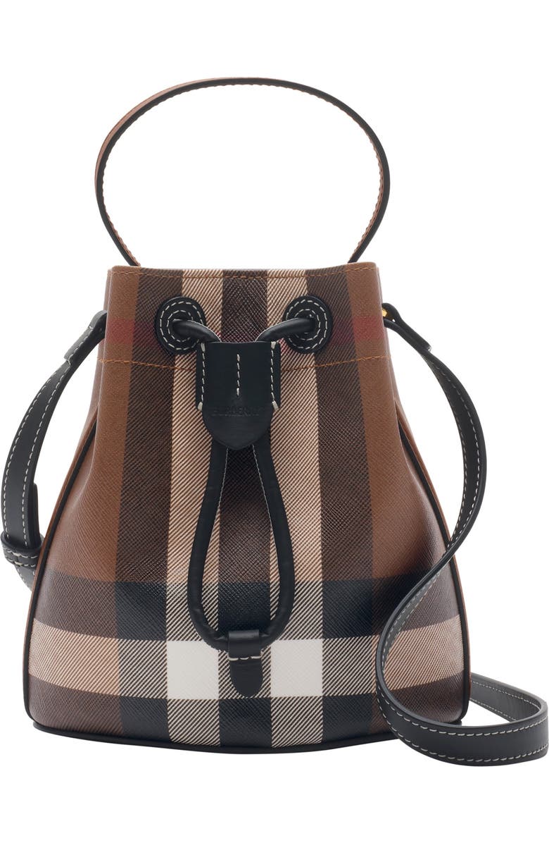 Burberry Mini Check Bucket Bag, Main, color, Dark Birch Brown