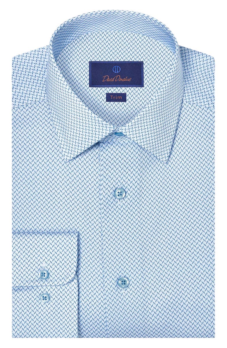 David Donahue Trim Fit Geometric Cotton Dress Shirt, Main, color, White/ Sky