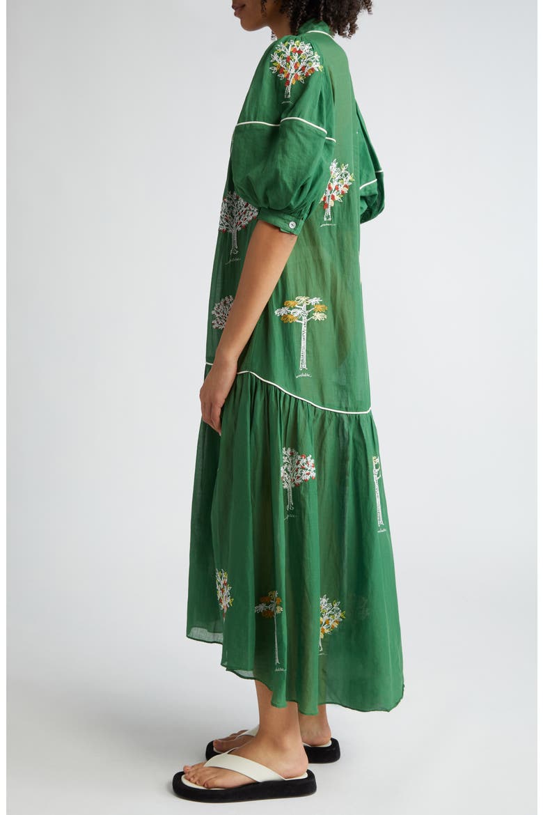 Embroidered Trees Puff Sleeve Organic Cotton Midi Dress, Alternate, color, GREEN