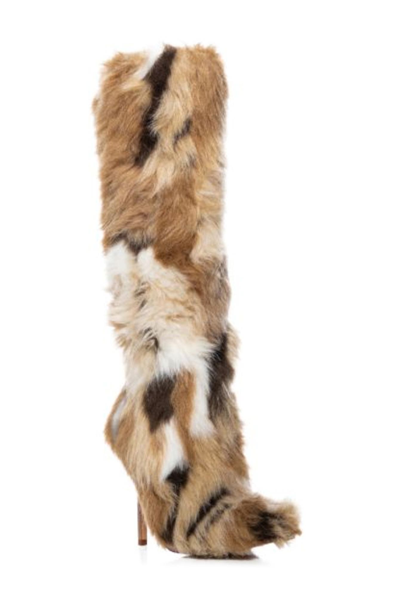 AZALEA WANG Upsetter Pointed Toe Faux Fur Knee High Boot, Alternate, color, Multi