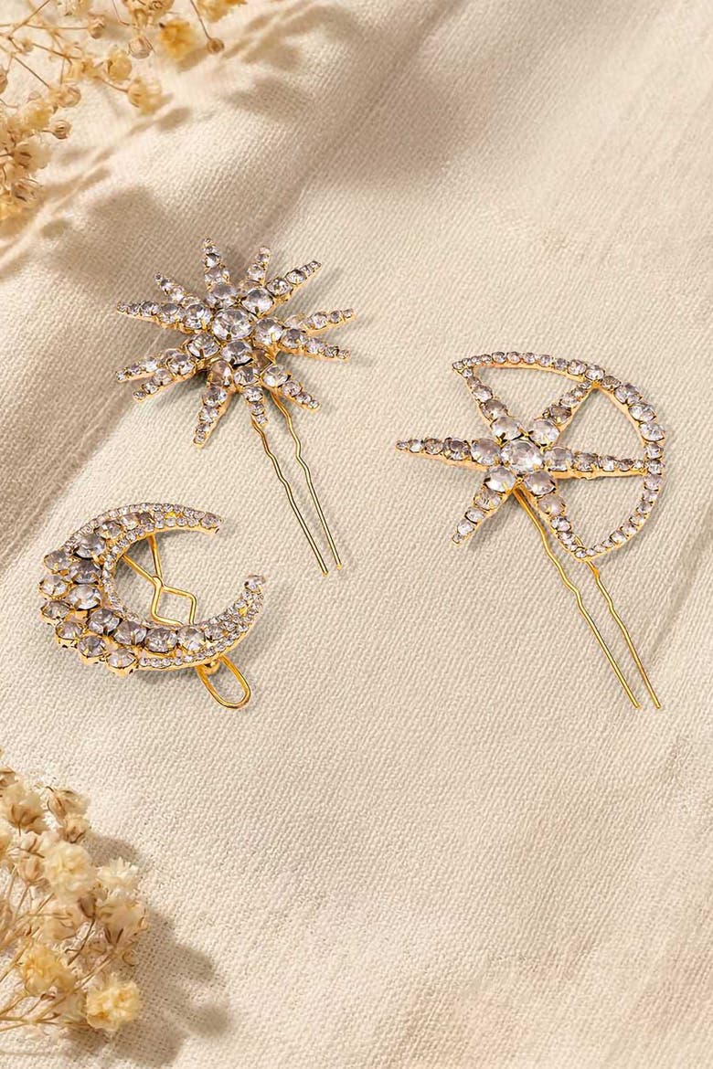 Set of 3 Celestia Crystal Hair Pins -  Gold, Alternate, color, Gold