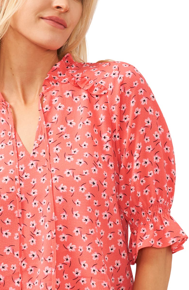 CeCe Floral Split Neck Blouse, Alternate, color, Calypso Coral