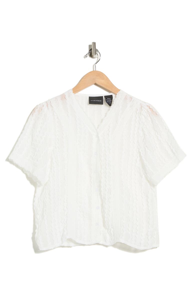 Forgotten Grace Lace Texture Short Sleeve Button-Up Shirt, Alternate, color, White