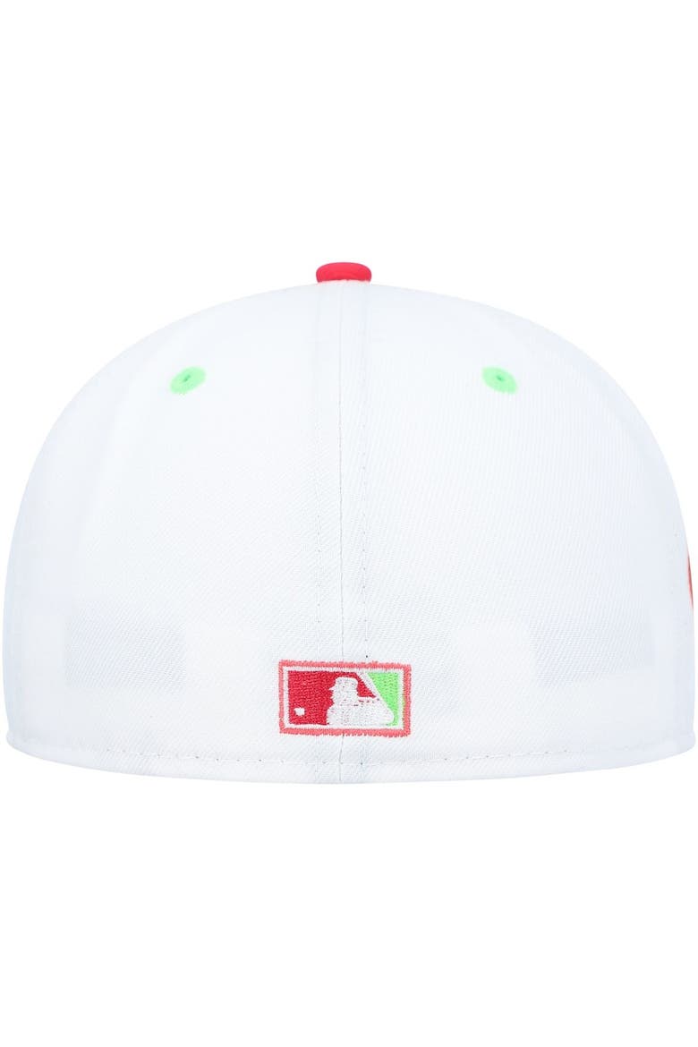 Men's New Era White/Coral Chicago White Sox Cooperstown Collection Comiskey Park 75th Anniversary Strawberry Lolli 59FIFTY Fitted Hat, Alternate, color, White