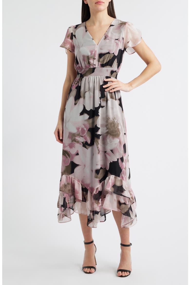 Print Ruffle Midi Dress, Main, color, ANNE BLACK/ GREY MULTI