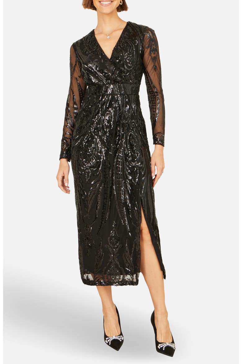Sequin Midi Long Sleeve Wrap Dress, Alternate, color, Black