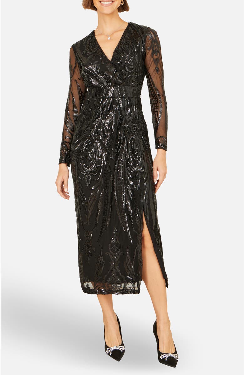 Yumi Sequin Midi Long Sleeve Wrap Dress, Alternate, color, Black