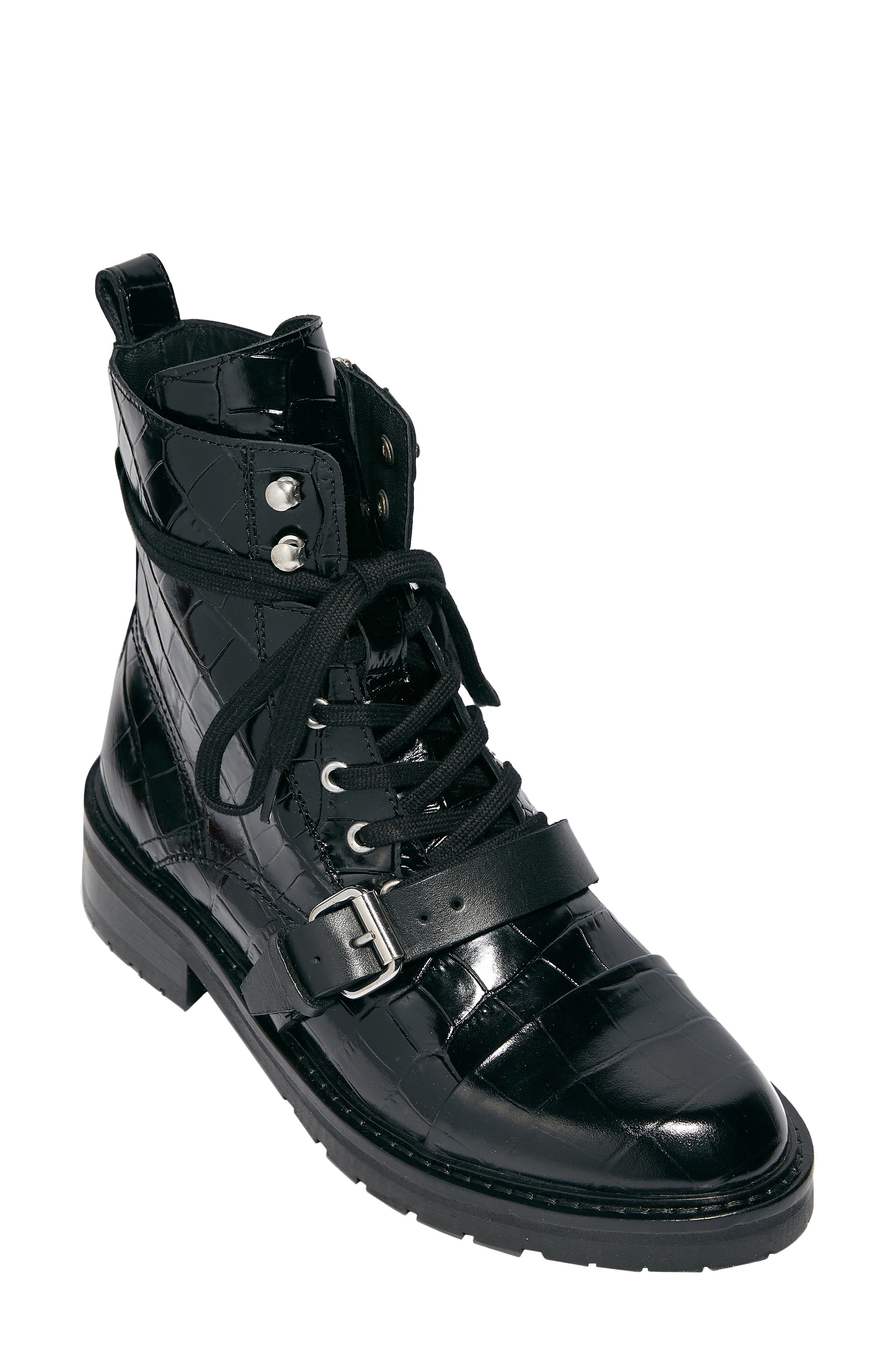 Donita Combat Boot, Main, color, BLACK CROC LEATHER