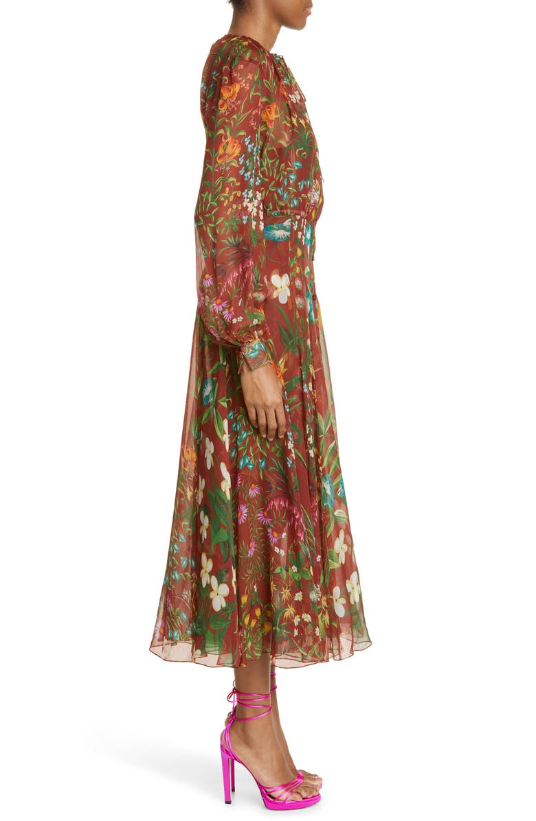 Oscar de la Renta Floral Tapestry Long Sleeve Silk Chiffon Dress, Alternate, color,
