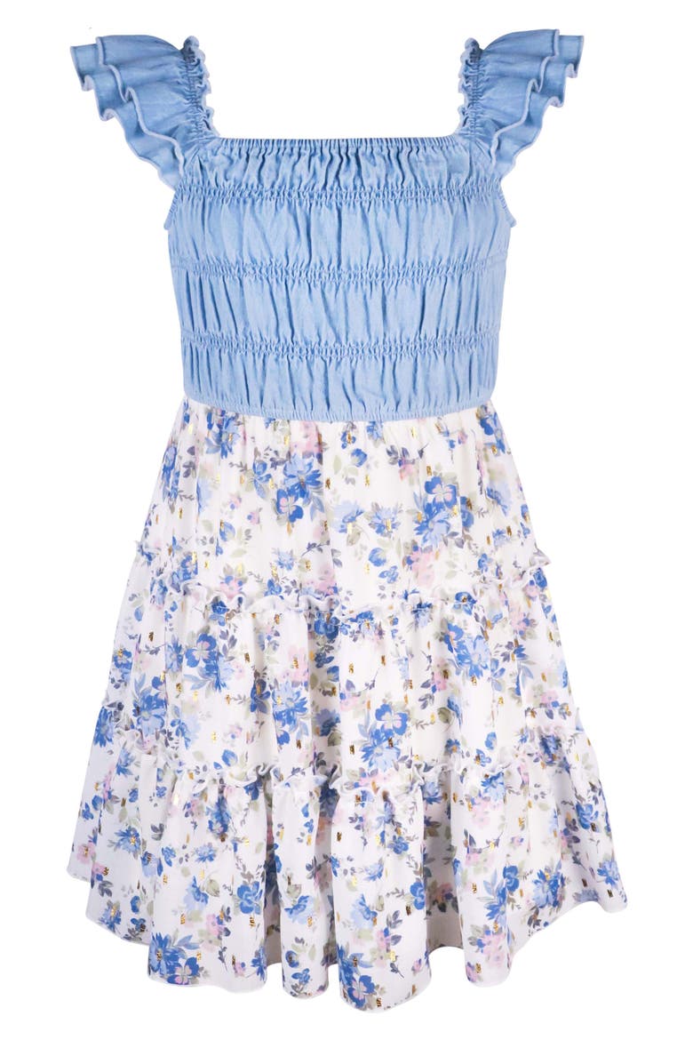 Kids' Smocked Denim Floral Tiered Dress, Main, color, BLUE/IVORY