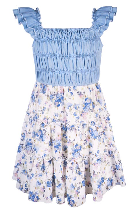 Kids' Smocked Denim Floral Tiered Dress (Big Kid)