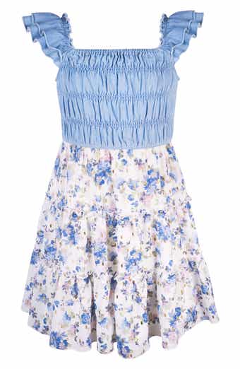 Zunie Kids' Smocked Denim Floral Tiered Dress