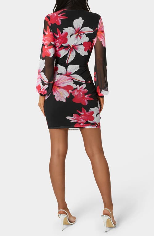 Bebe Long Sleeve Ruched Faux Wrap Minidress In Multi