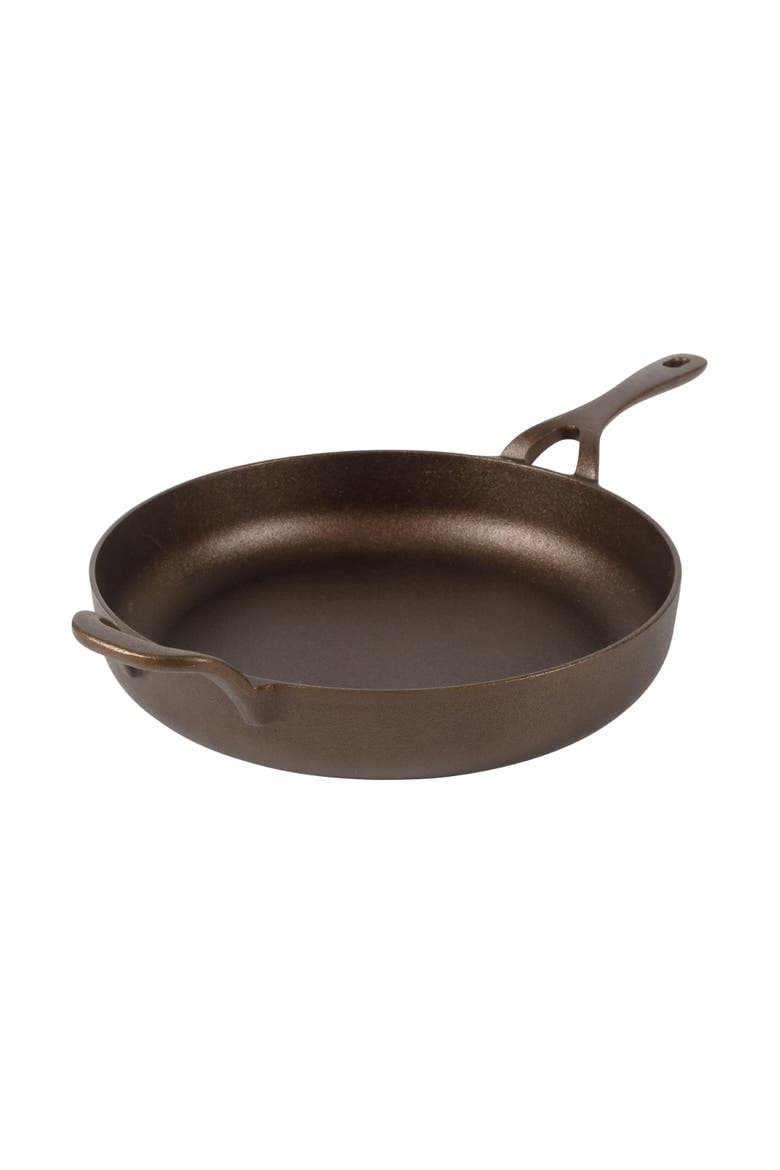 Natural Bronze Finish Cast Iron Skillet with Long Handle, Helper Handle & Olive Wood Trivet, Main, color, Natural Bronze