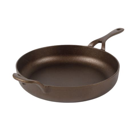 Natural Bronze Finish Cast Iron Skillet with Long Handle, Helper Handle & Olive Wood Trivet