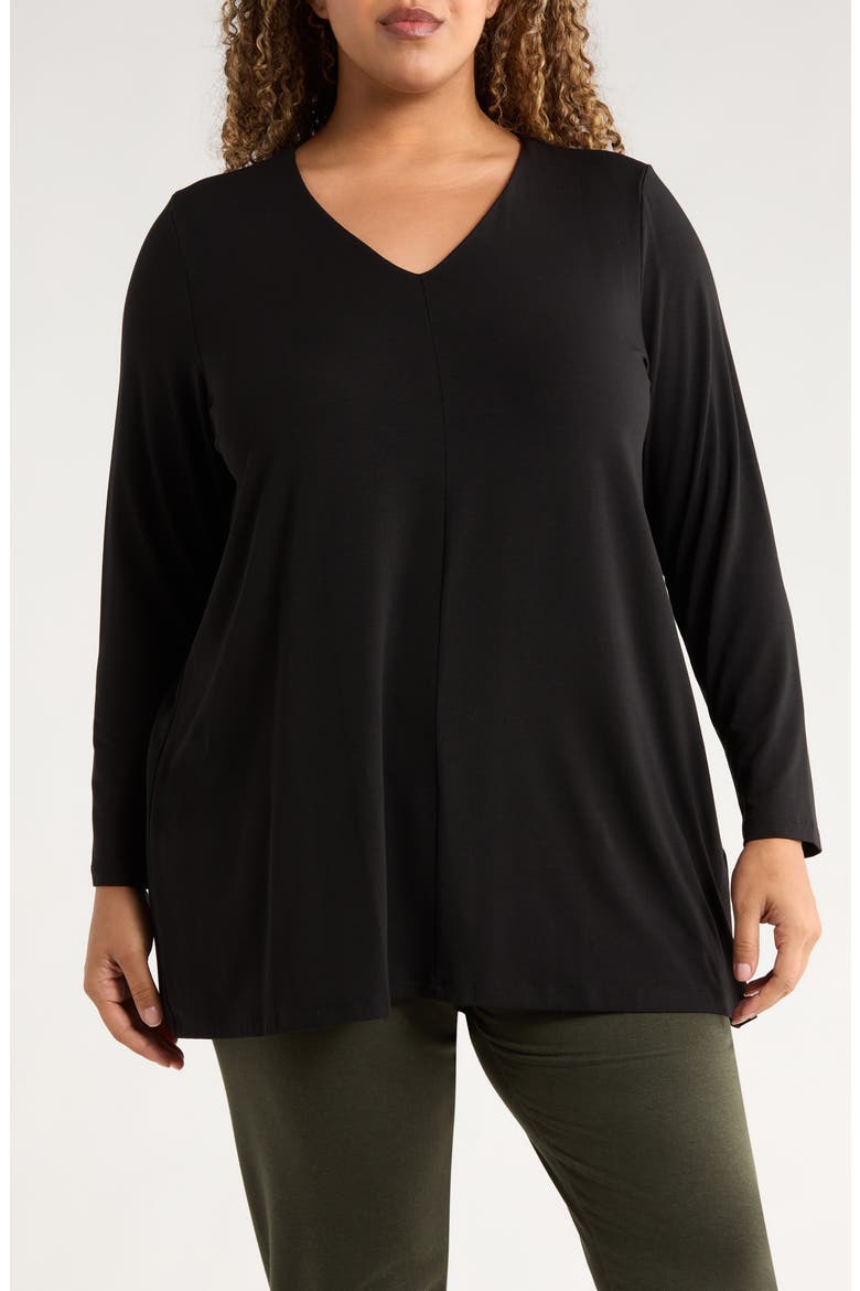 Long Sleeve V-Neck Tunic Top, Main, color, BLACK