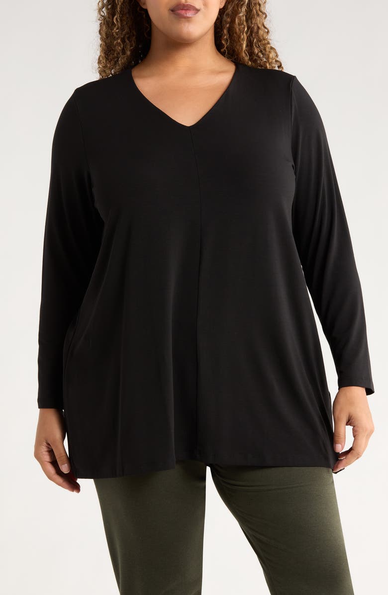 Eileen Fisher Long Sleeve V-Neck Tunic Top, Main, color, Black