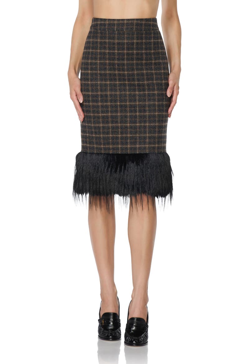 Midi Skirt with Faux Fur Hem, Main, color, CHARCOAL PLAID WITH FUR