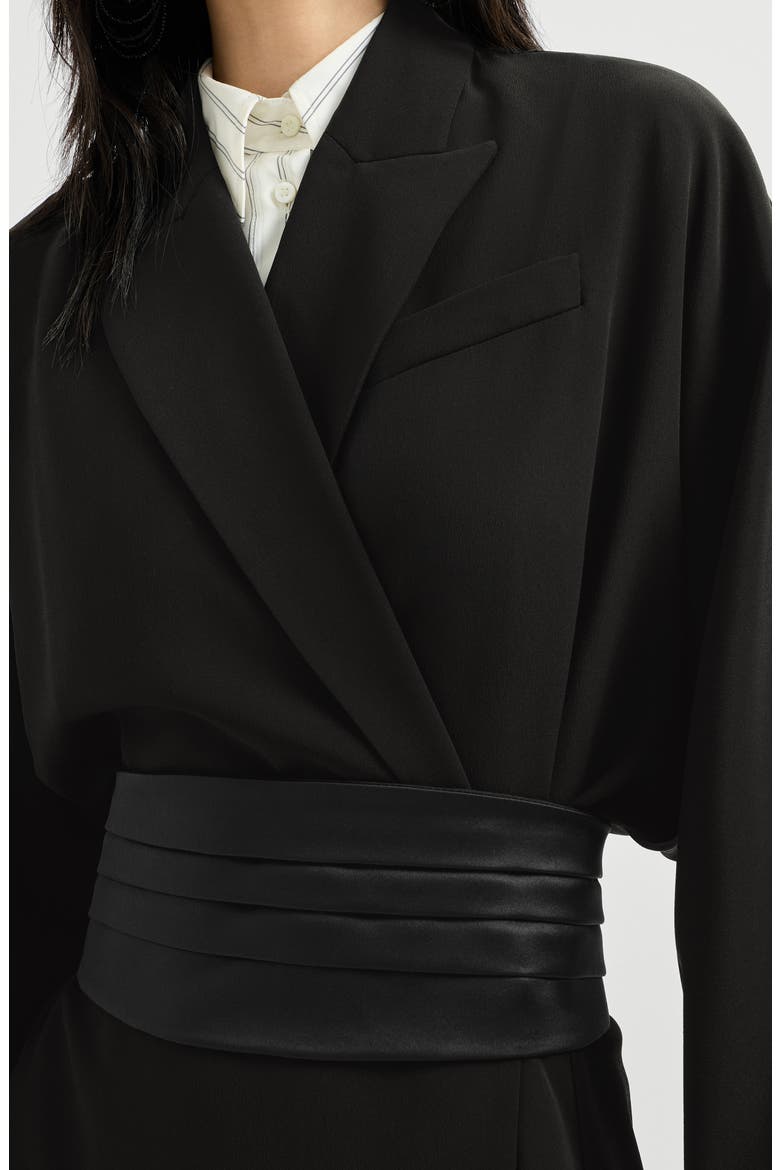 Silk and acetate crêpe cady tuxedo dress with monili, Alternate, color, Black