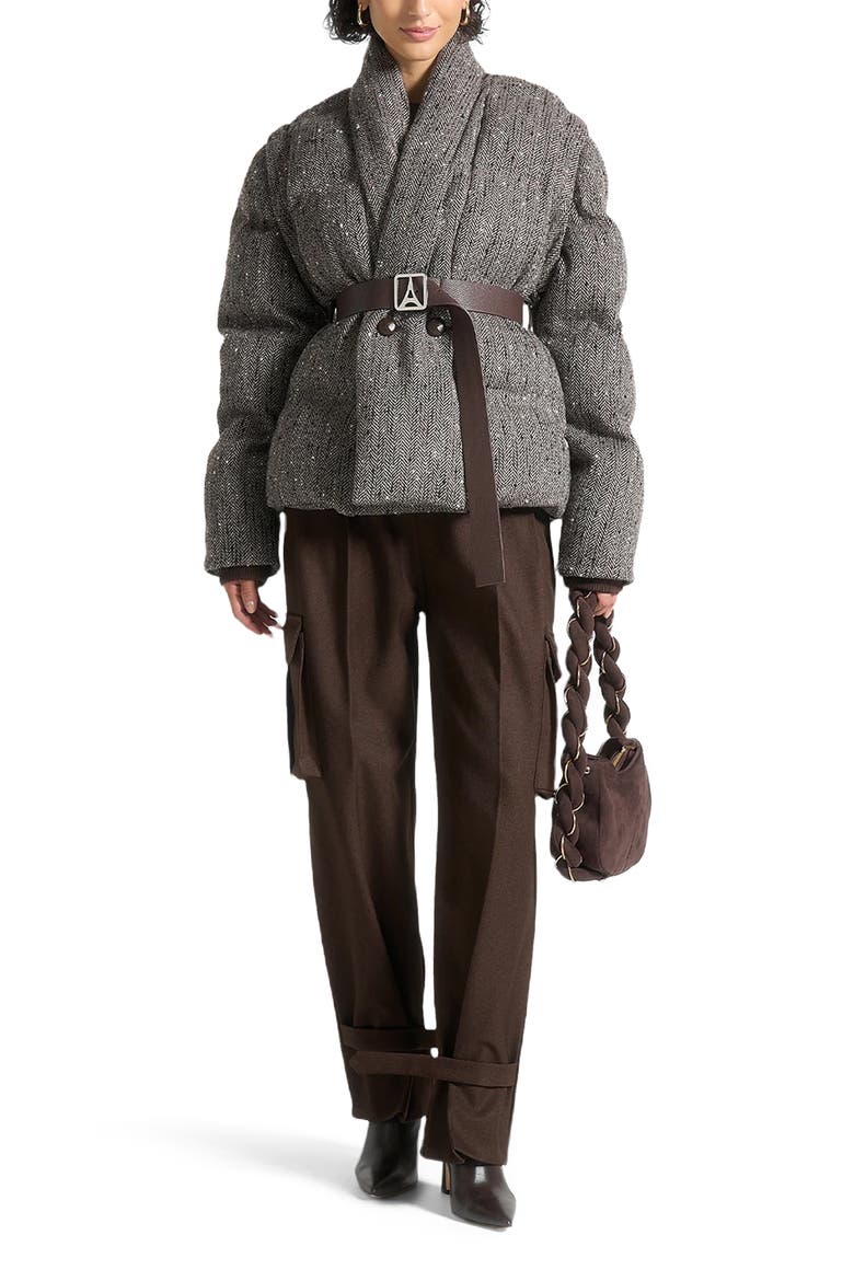 Inez Herringbone Wool Wrap Belted Puffer Jacket, Alternate, color, Brown