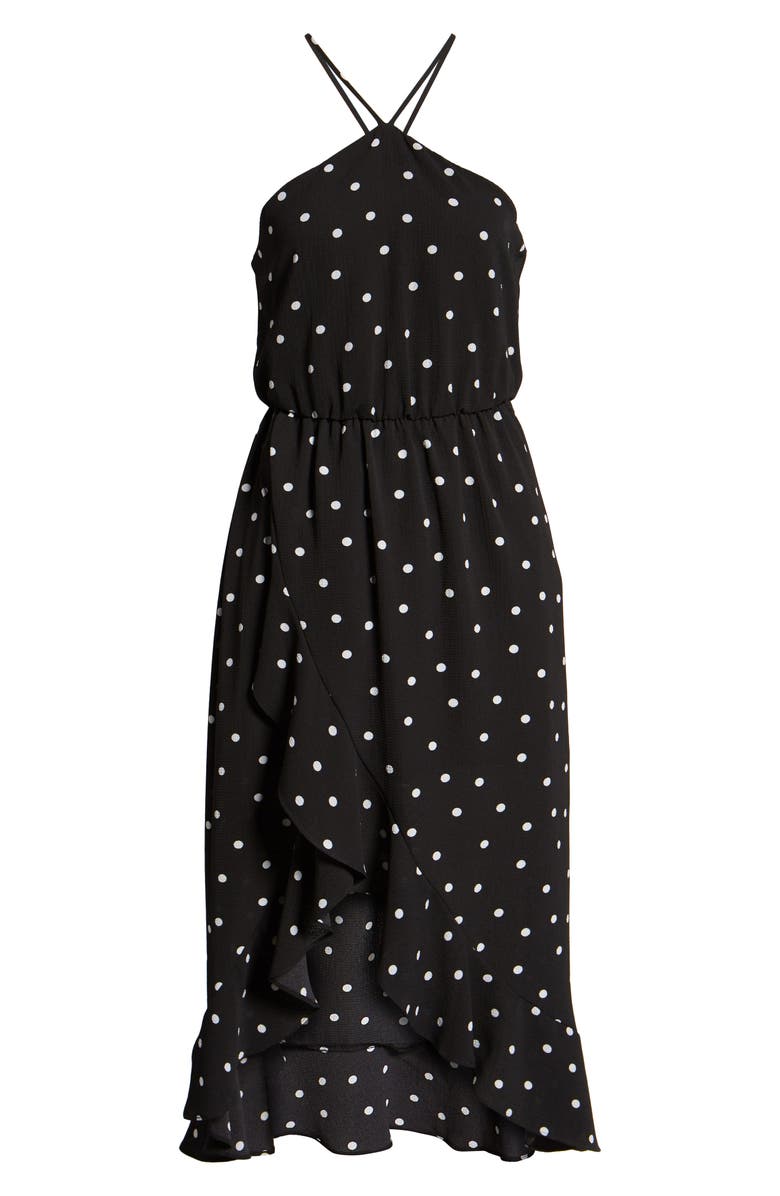 All in Favor Polka Dot Ruffle Trim Halter Dress, Alternate, color, 