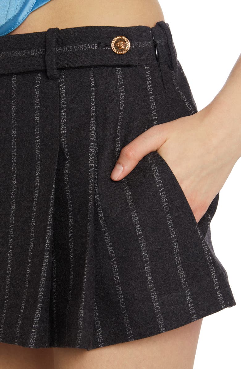 Versace Pleated Pinstripe Logo Wool Blend Miniskirt, Alternate, color, 