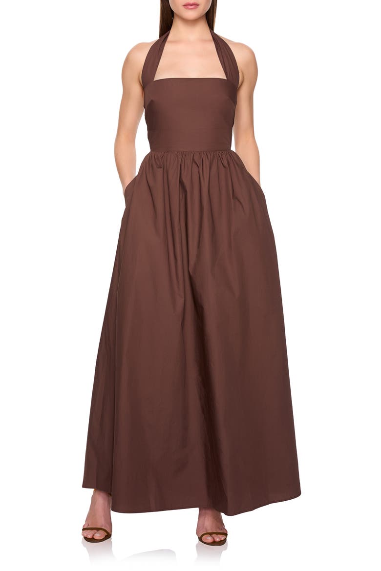 Halter Neck Cotton Poplin Dress, Main, color, BROWN