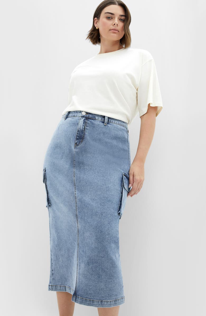 City Chic Raya Denim Midi Cargo Skirt, Alternate, color, 