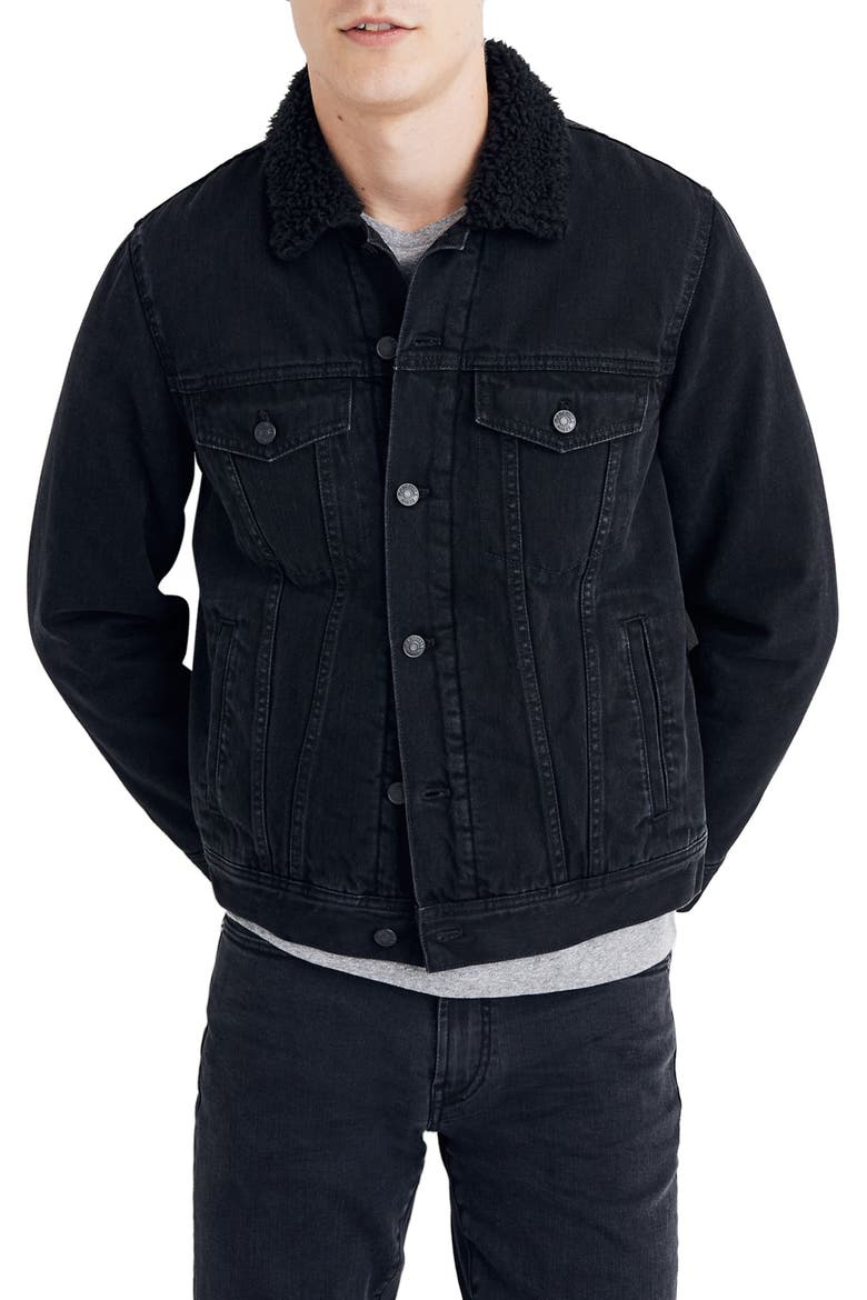 Faux Shearling Collar Denim Jacket, Main, color, BLACK 1
