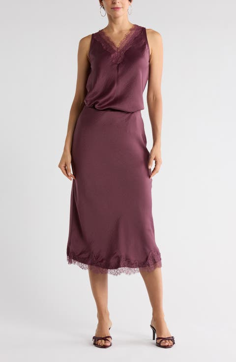 Lace Trim Satin Midi Skirt
